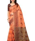 Cotton Fabric Peach Color Jacquard Woven Design Saree With Designer Lace and Blouse Piece