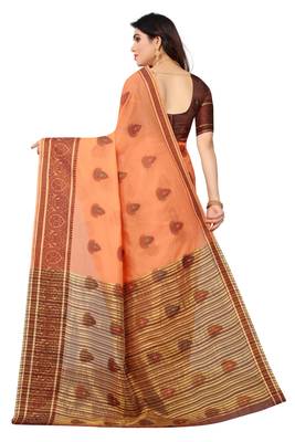 Cotton Fabric Peach Color Jacquard Woven Design Saree With Designer Lace and Blouse Piece 2