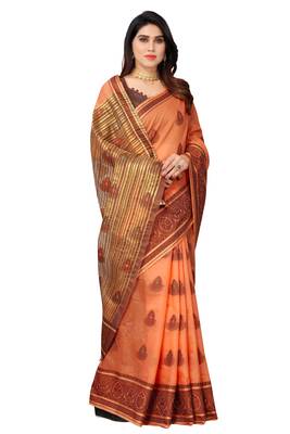 Cotton Fabric Peach Color Jacquard Woven Design Saree With Designer Lace and Blouse Piece 3