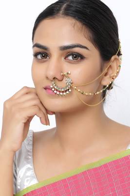 Golden Brass Embellished Jadau Kundan Nath Nose Ring Pin for Women 1