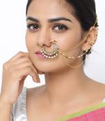 Golden Brass Embellished Jadau Kundan Nath Nose Ring Pin for Women