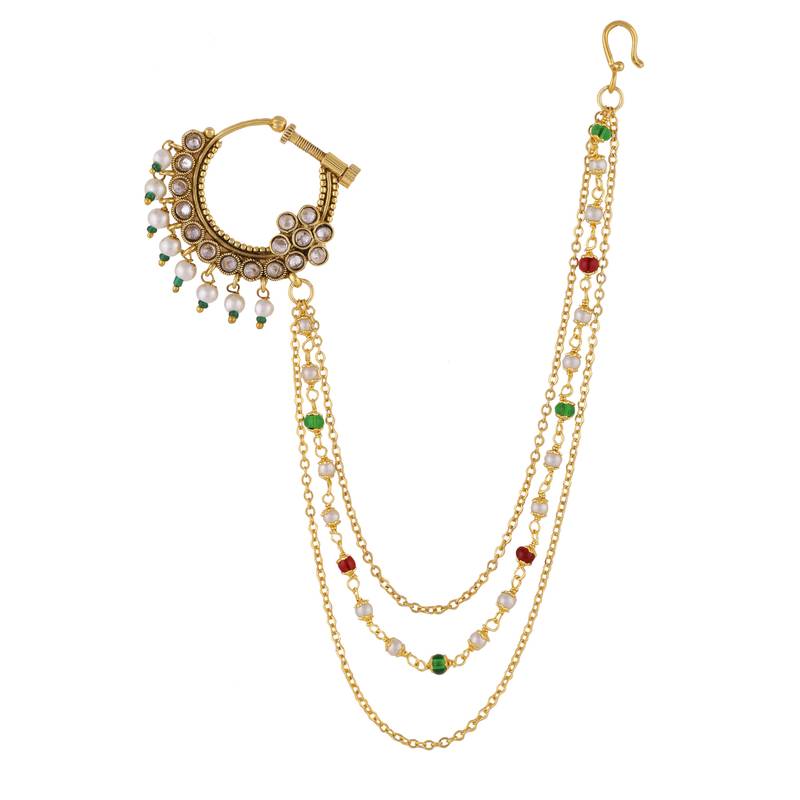 Golden Brass Embellished Jadau Kundan Nath Nose Ring Pin for Women