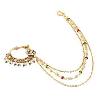 Golden Brass Embellished Jadau Kundan Nath Nose Ring Pin for Women 3