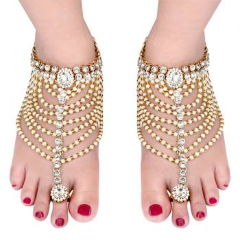 Brass Metal Kundan Anklet Golden Color with Attached Toe Ring Gypsy Sandal for Women - Pack Of 2 1