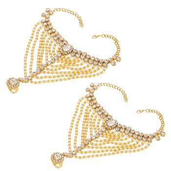 Brass Metal Kundan Anklet Golden Color with Attached Toe Ring Gypsy Sandal for Women - Pack Of 2 2
