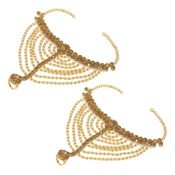 Sasha Kundan Gold Brass Payal with Attached Toe Ring Gypsy Sandal for Women Pack Of 2 Brass Anklet  (Pack of 2) 2