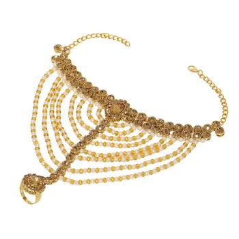 Sasha Kundan Gold Brass Payal with Attached Toe Ring Gypsy Sandal for Women Pack Of 2 Brass Anklet  (Pack of 2) 3