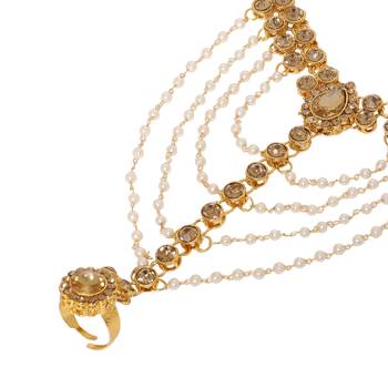 Indian Bollywood Embellished Kundan Moti Ring Bracelet Hand Harness Finger Ring Chain Bracelet for Girls Women 4
