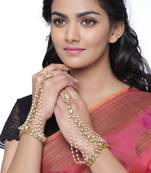 Indian Bollywood Embellished Kundan Moti Ring Bracelet Hand Harness Finger Ring Chain Bracelet for Girls Women