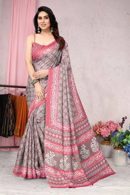 Dark brown printed khadi saree with blouse 1