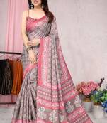 Dark brown printed khadi saree with blouse