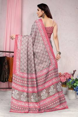 Dark brown printed khadi saree with blouse 3