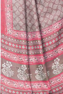Dark brown printed khadi saree with blouse 5