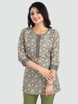Green printed rayon short-kurtis 1