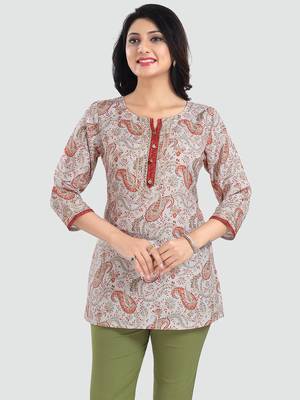 Cream printed rayon short-kurtis 1