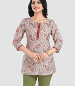 Cream printed rayon short-kurtis