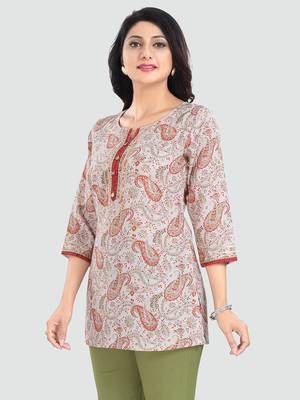 Cream printed rayon short-kurtis 2