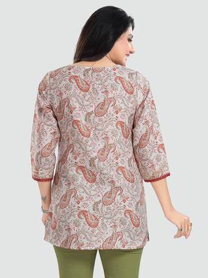 Cream printed rayon short-kurtis 3