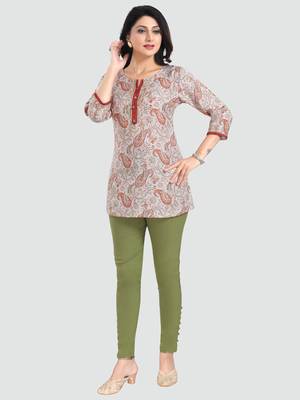 Cream printed rayon short-kurtis 5