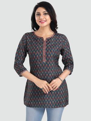 Navy-blue printed rayon short-kurtis 1