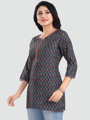 Navy-blue printed rayon short-kurtis 2