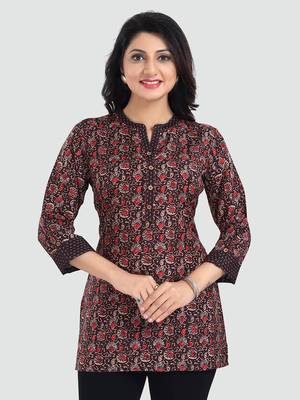 Brown printed rayon short-kurtis 1