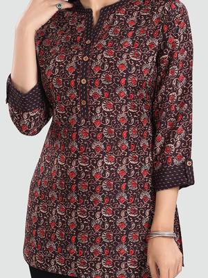 Brown printed rayon short-kurtis 4
