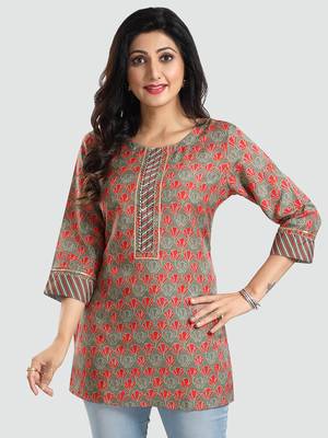 Green printed rayon short-kurtis 1