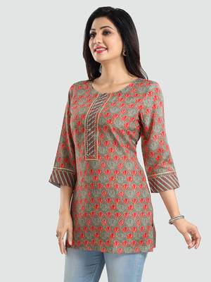 Green printed rayon short-kurtis 2