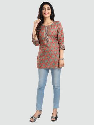 Green printed rayon short-kurtis 5