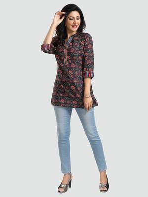 Black printed rayon short-kurtis 5