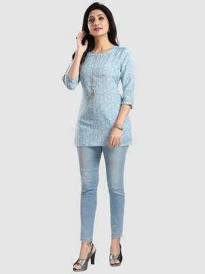 Blue printed rayon short-kurtis 5