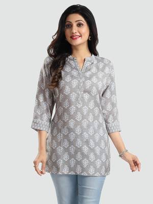 Grey printed rayon short-kurtis 1