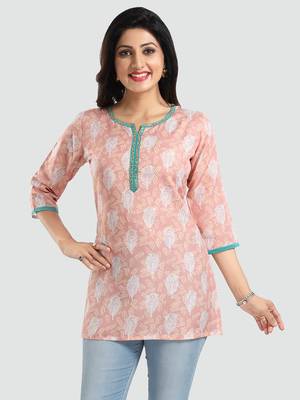 Peach printed rayon short-kurtis 1