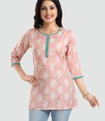 Peach printed rayon short-kurtis