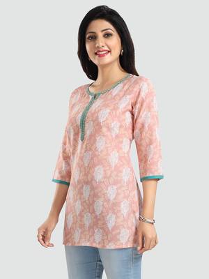 Peach printed rayon short-kurtis 2