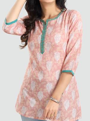 Peach printed rayon short-kurtis 4