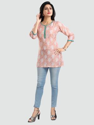 Peach printed rayon short-kurtis 5