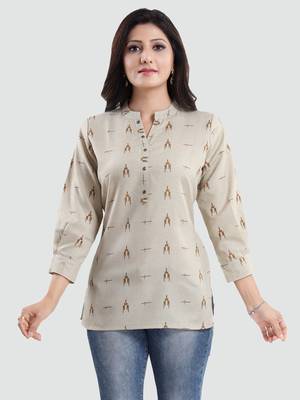Beige printed cotton poly short-kurtis 1