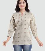 Beige printed cotton poly short-kurtis