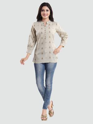 Beige printed cotton poly short-kurtis 5