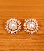 Yellow Gold Brass Pink Faux Pearl and CZ Diamond Stud Earrings