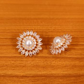 Yellow Gold Brass Pink Faux Pearl and CZ Diamond Stud Earrings 2