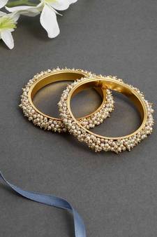 Designer Pearl Stone Wedding Bridal Bunched Pearl Bangles Set