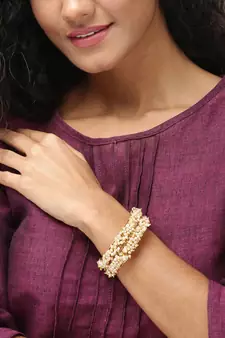 Designer Pearl Stone Wedding Bridal Bunched Pearl Bangles Set