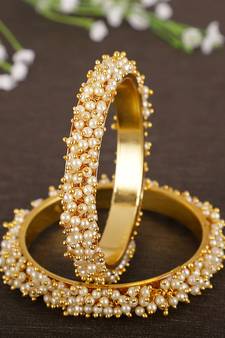 Designer Pearl Stone Wedding Bridal Bunched Pearl Bangles Set