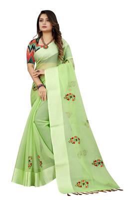 Green embroidered cotton saree with blouse 1
