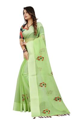 Green embroidered cotton saree with blouse 2