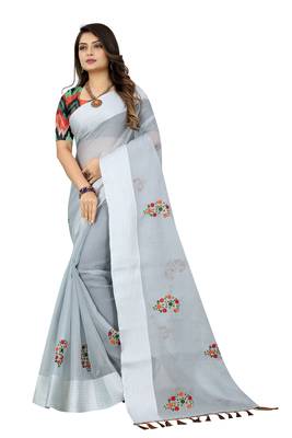 Grey embroidered cotton saree with blouse 1