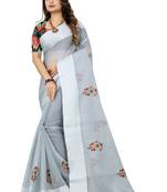 Grey embroidered cotton saree with blouse